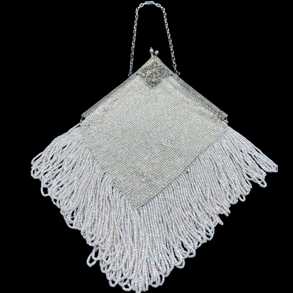 Antique 1920s Micro Beaded Flapper Evening Purse Long Fringe Filigree Frame